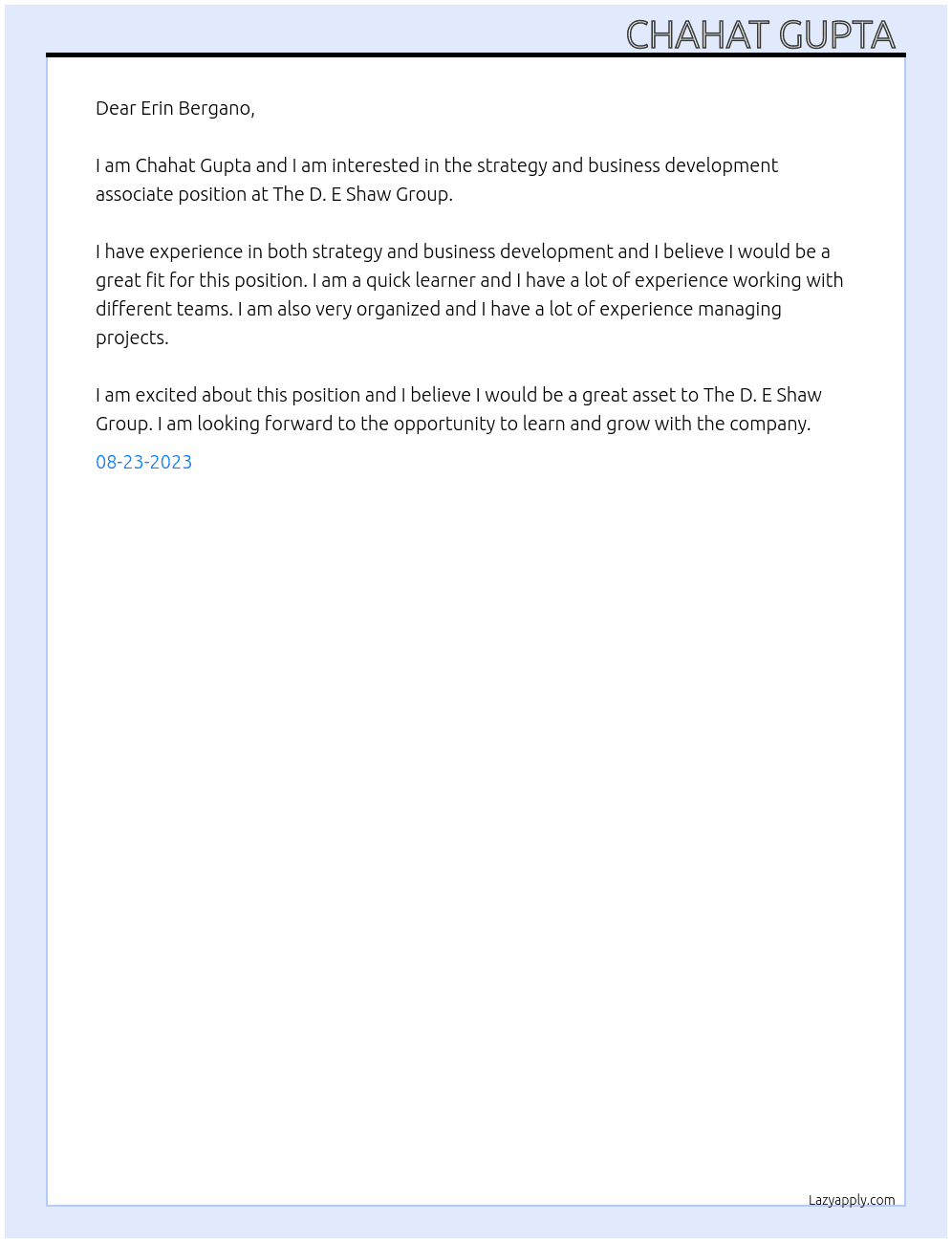 Strategy and business development associate  At D E Shaw & Co Cover Letter