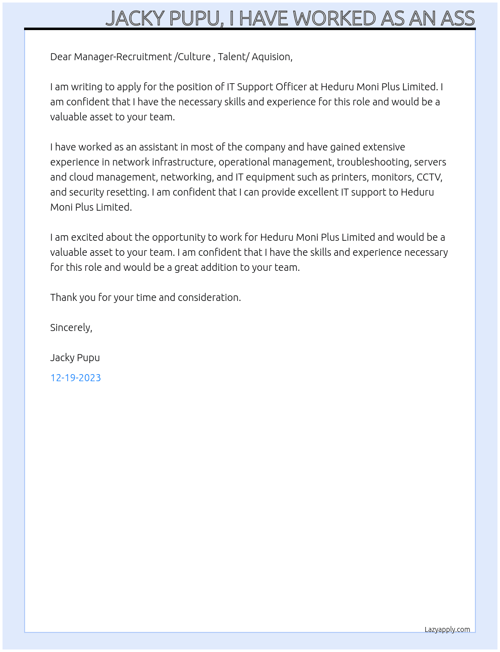 IT Support Officer  At Heduru Moni Plus Limited- Cover Letter