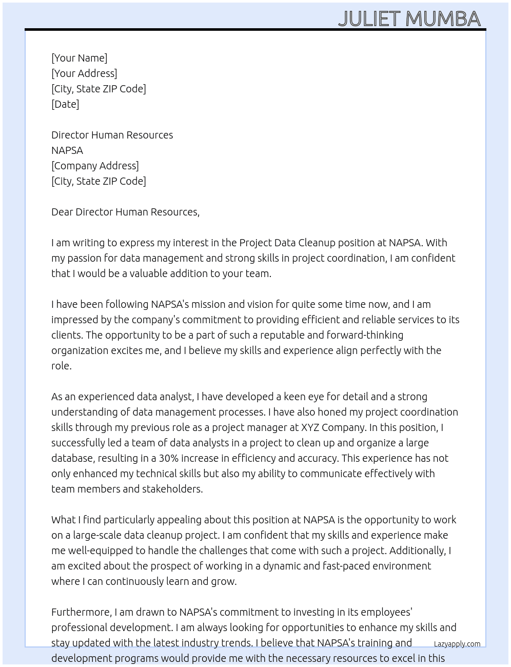 Project data cleanup At NAPSA Cover Letter