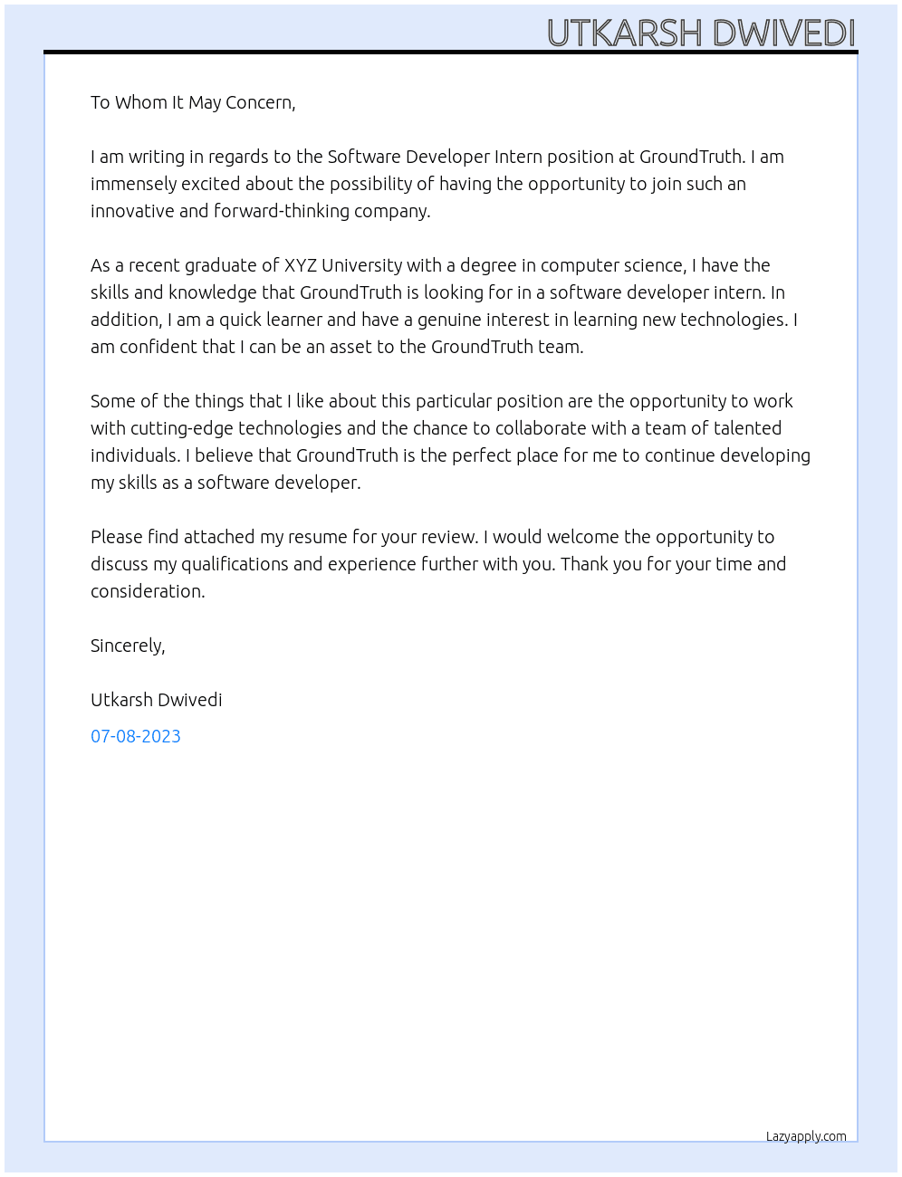 Software Developer Intern At GroundTruth Cover Letter