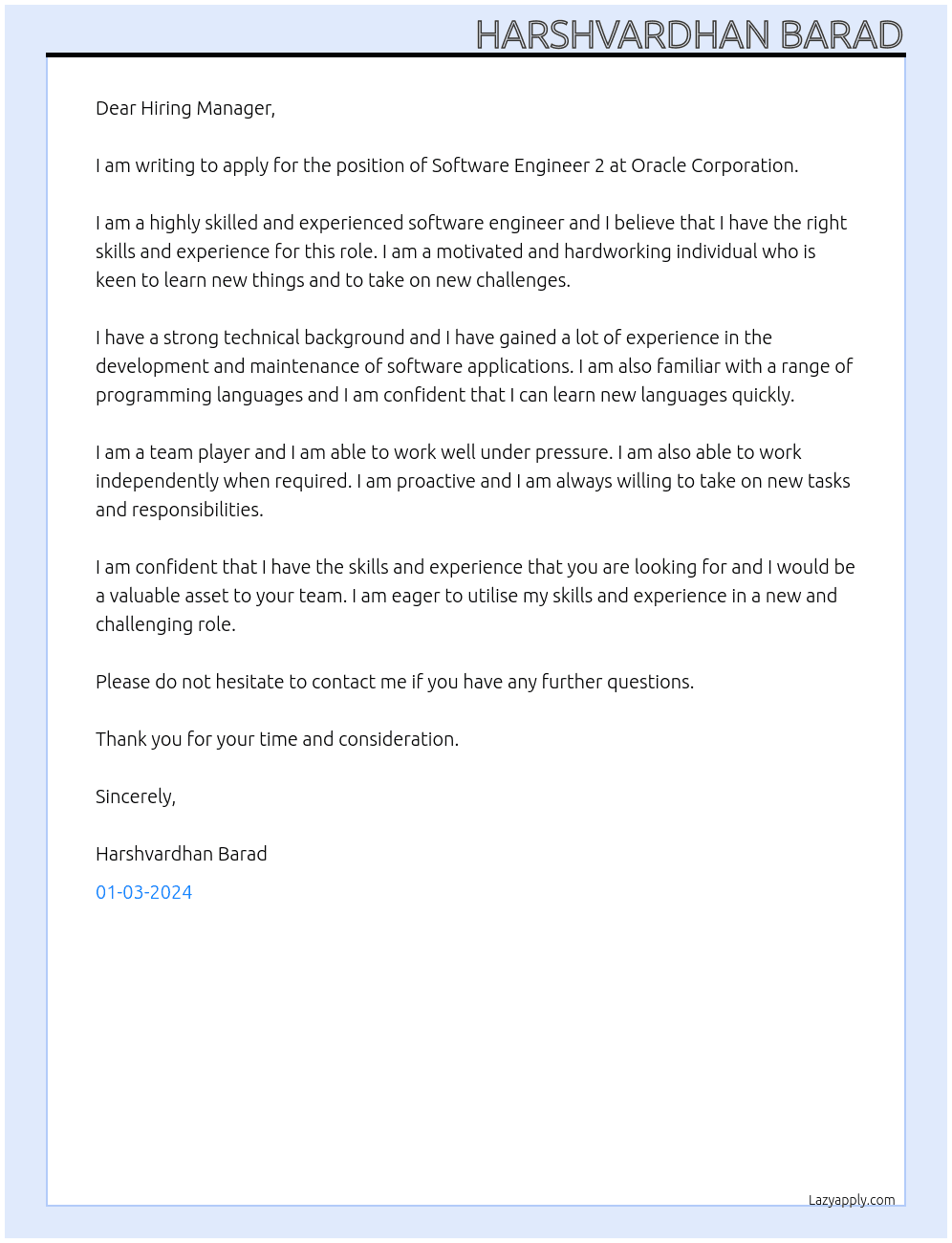 Software Engineer 2 At Oracle Corporation Cover Letter