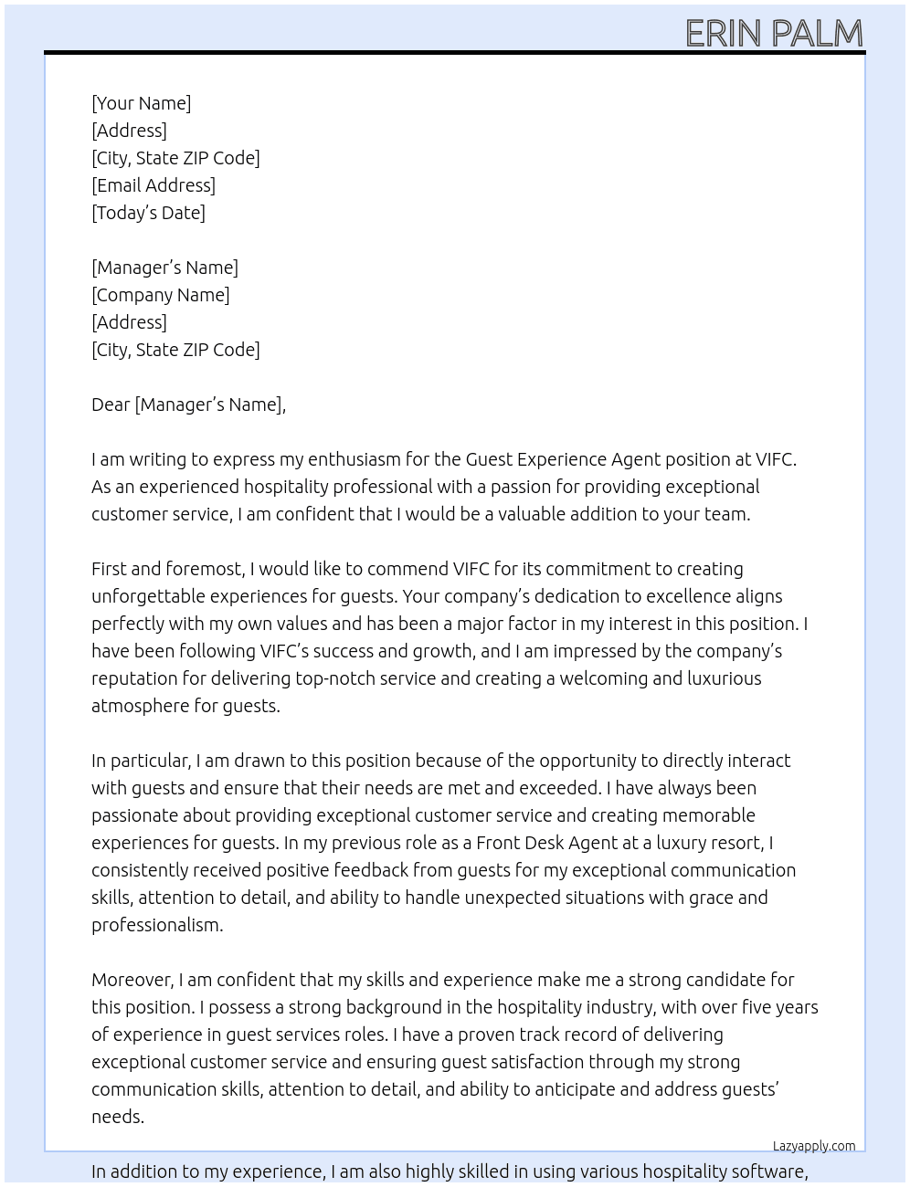 Guest Experience Agent At VIFC Cover Letter