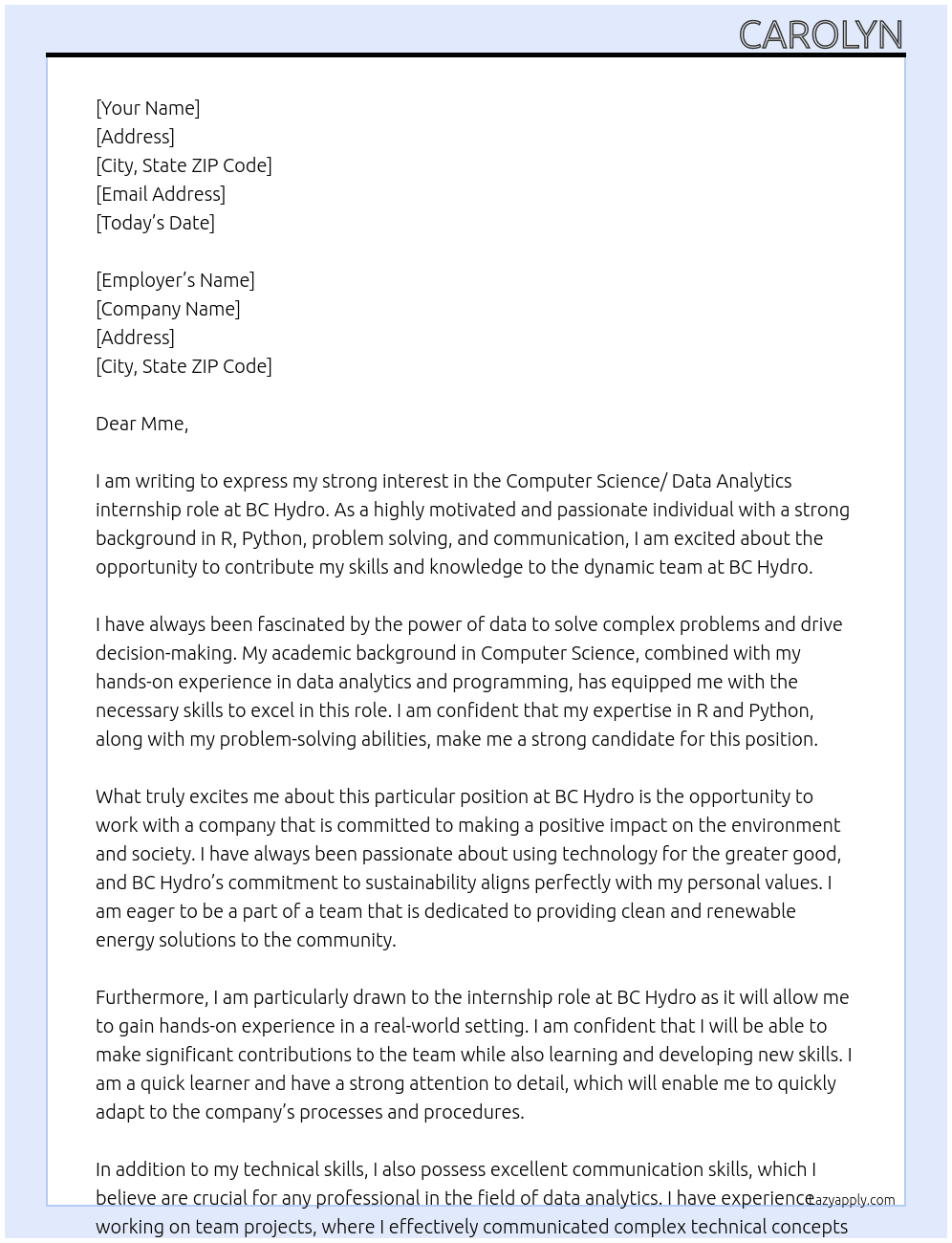 Computer Science/ Data Analytics At BC Hydro Cover Letter