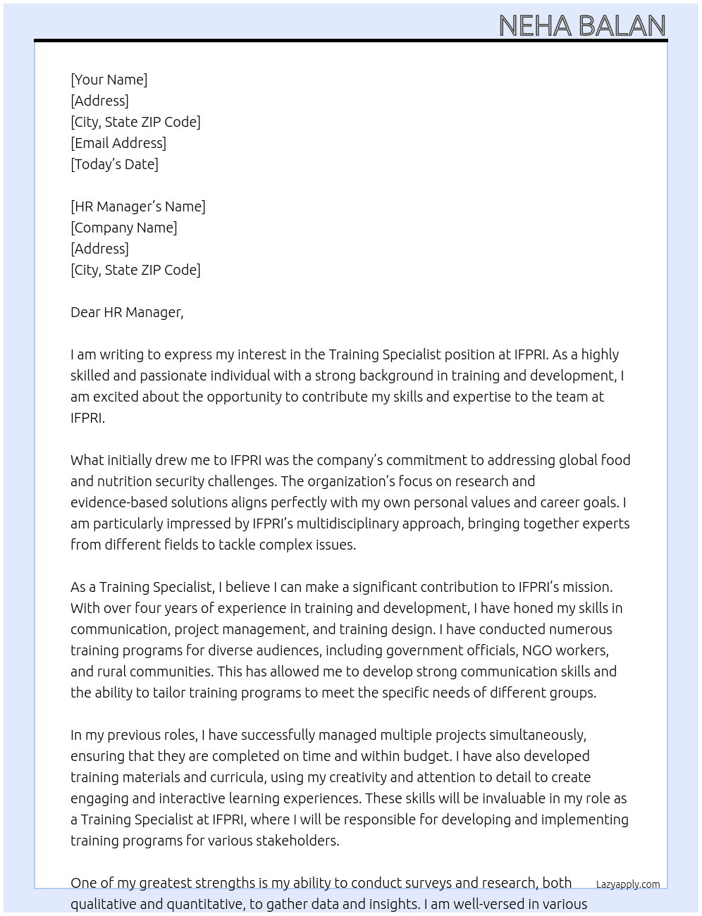 Training Specialist At IFPRI Cover Letter