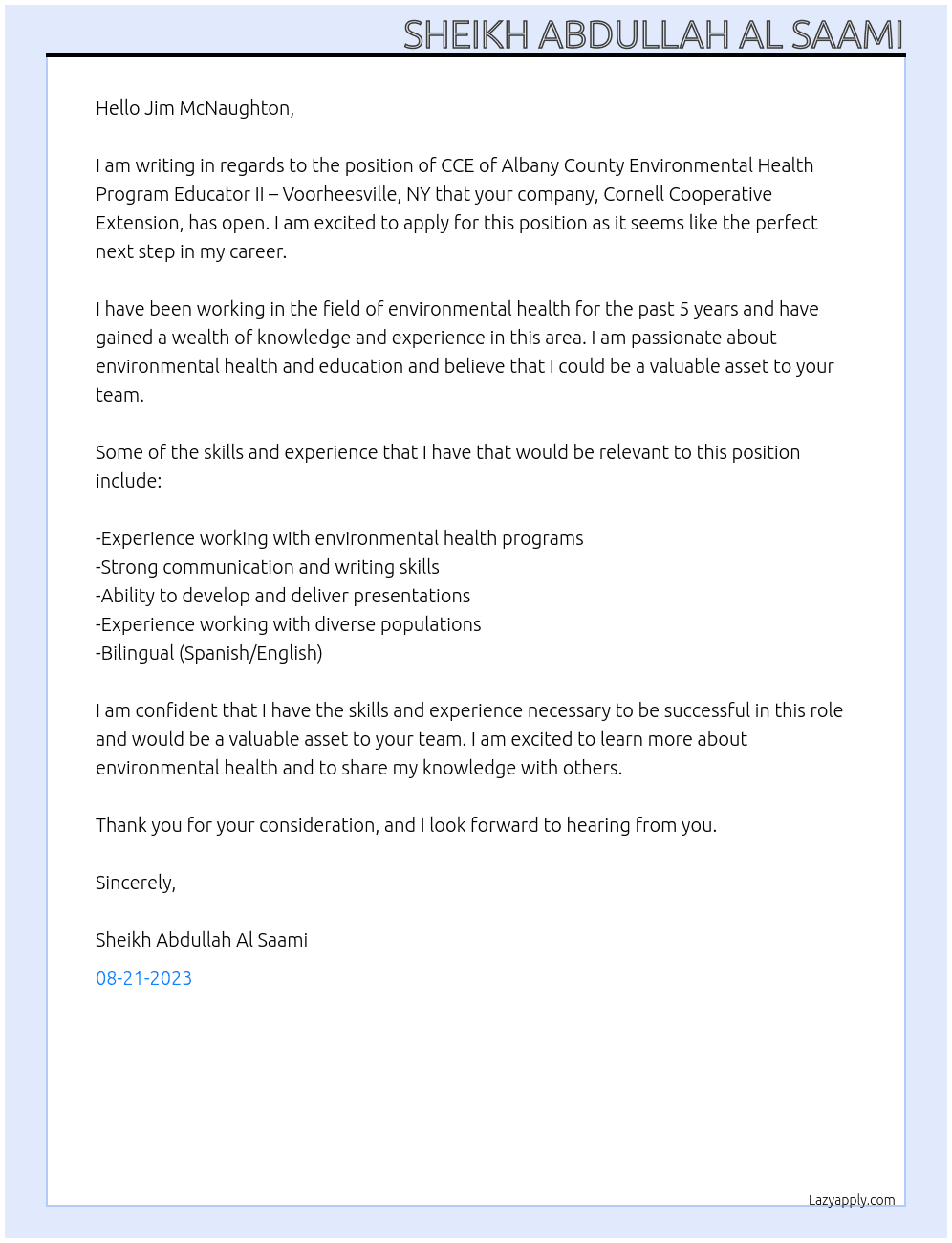 CCE of Albany County Environmental Health Program Educator II – Voorheesville, NY At Cornell Cooperative Extension  Cover Letter