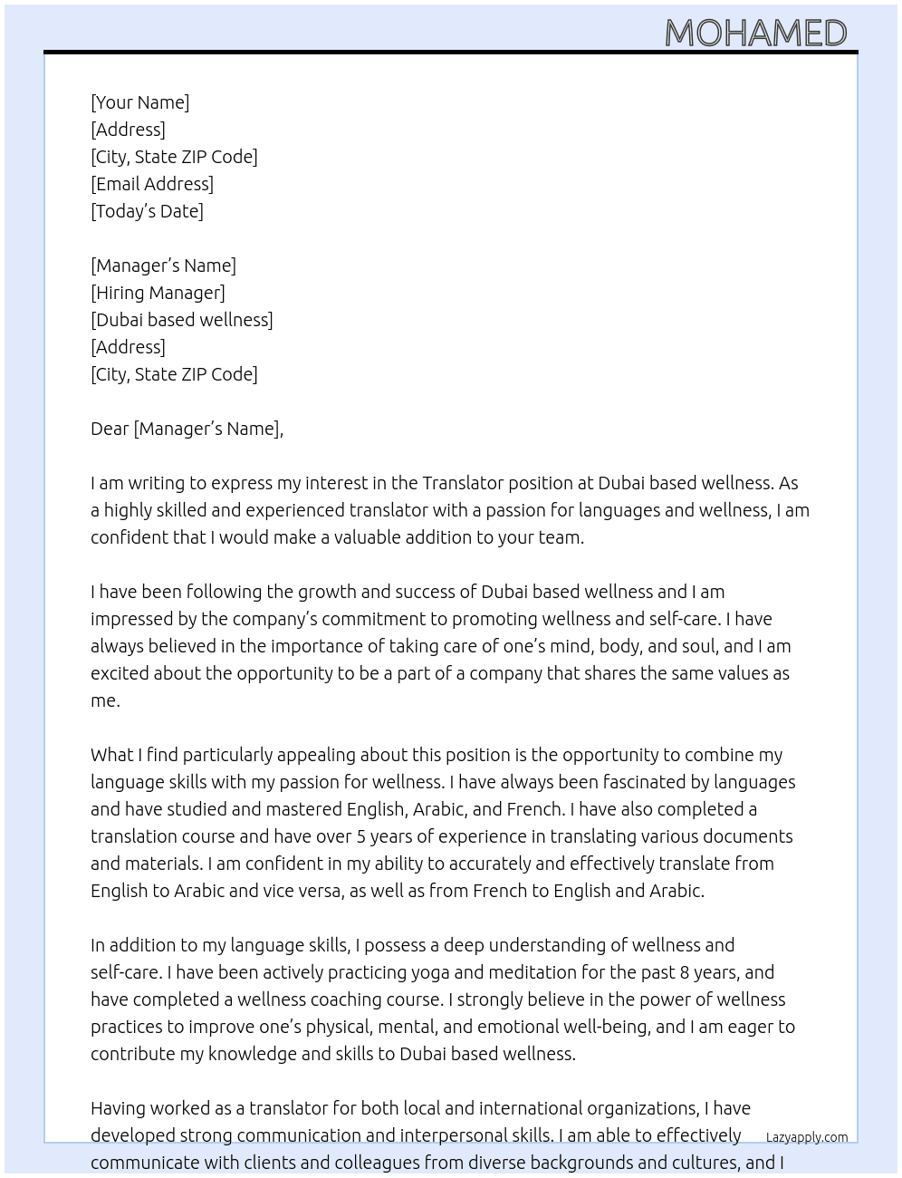 Translator At Dubai based wellness Cover Letter