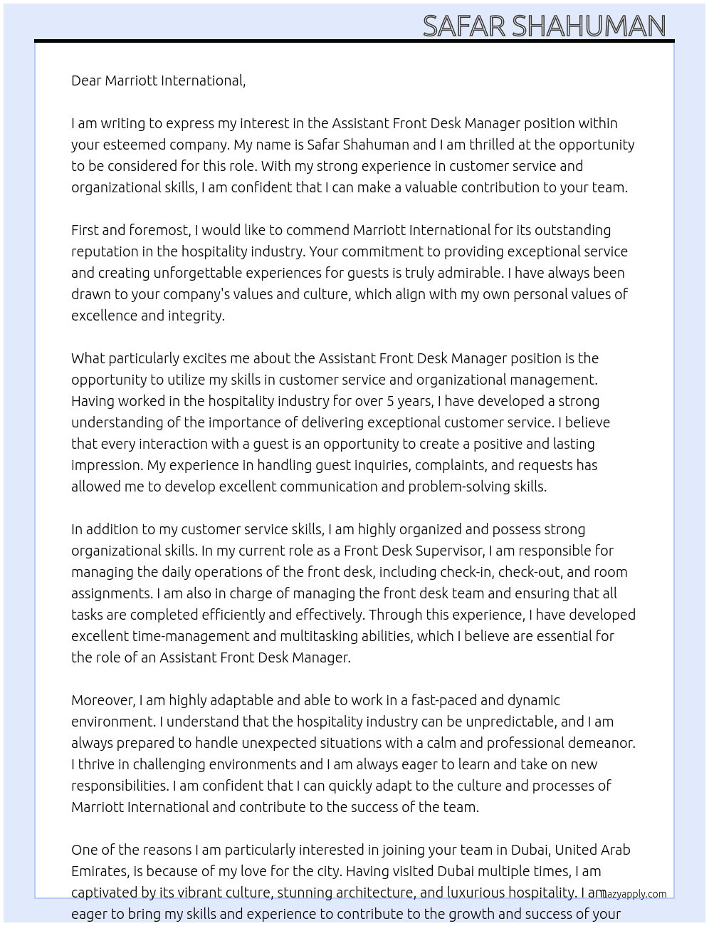 Assistant Front Desk Manager At Marriott International  Cover Letter