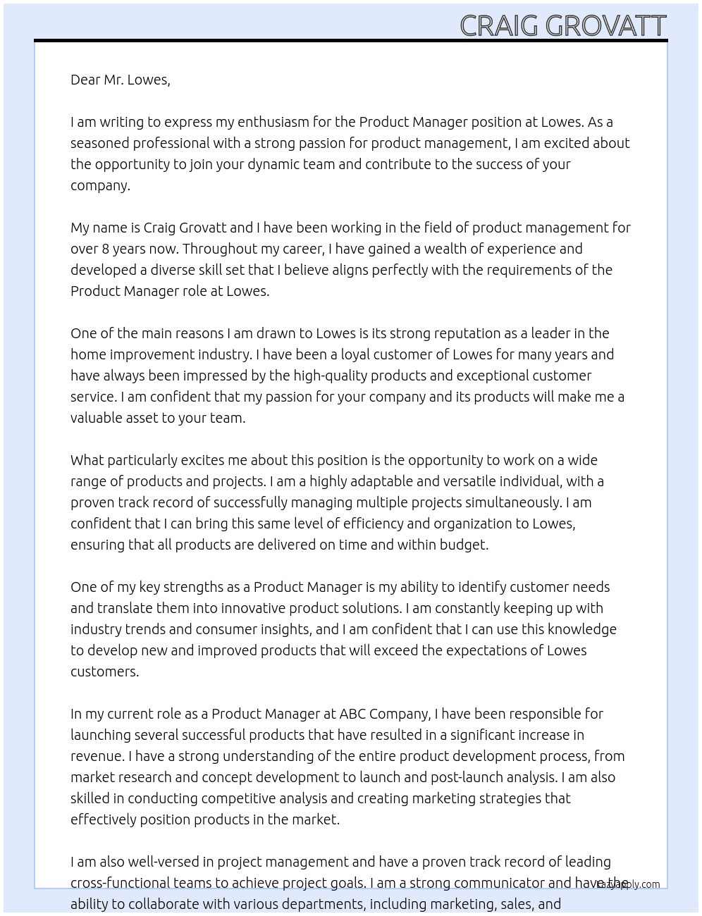 Product Manager At Lowes Cover Letter