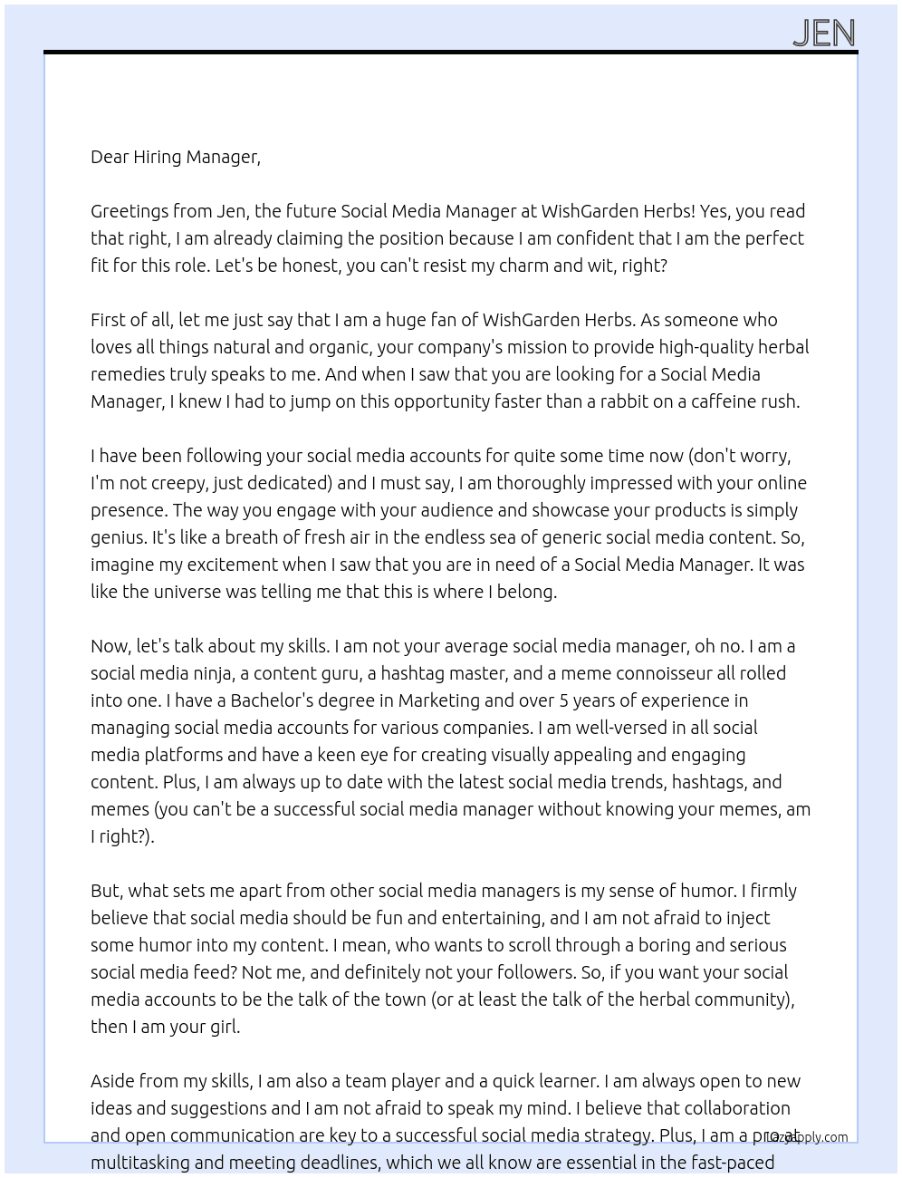 Social Media Manager At WishGarden Herbs Cover Letter