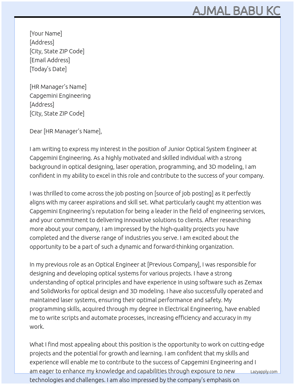 Junior Optical System Engineer At Capgemini Engineering Cover Letter
