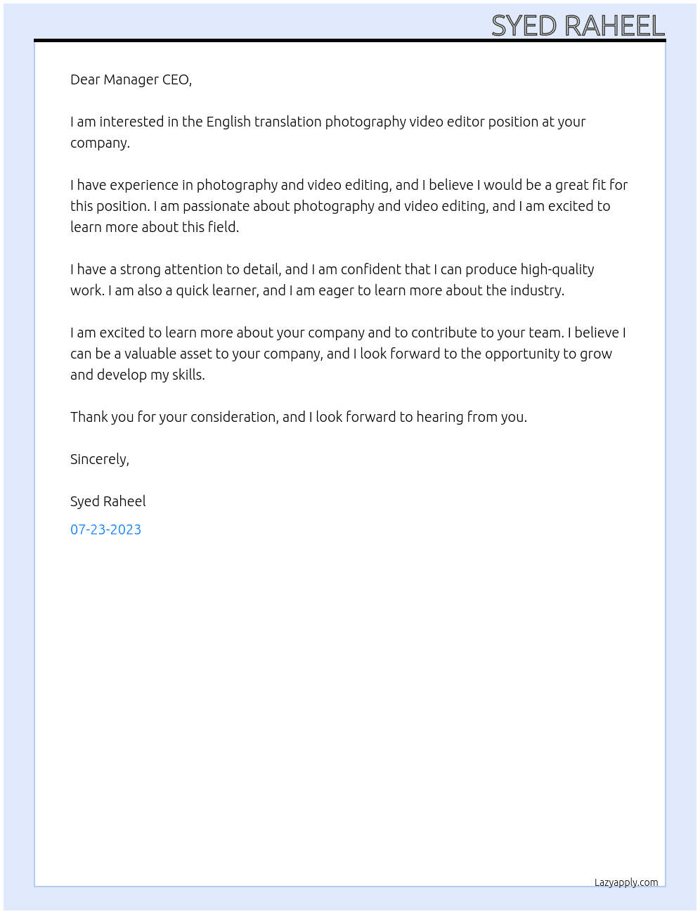 English translation photography video editor At United states Cover Letter