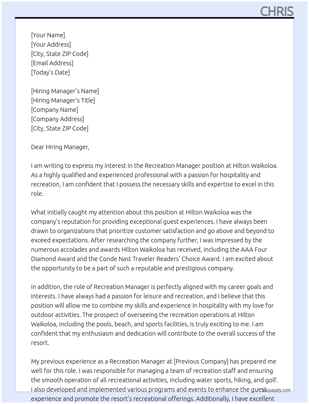 Recreation Manager At Hilton Waikoloa Cover Letter