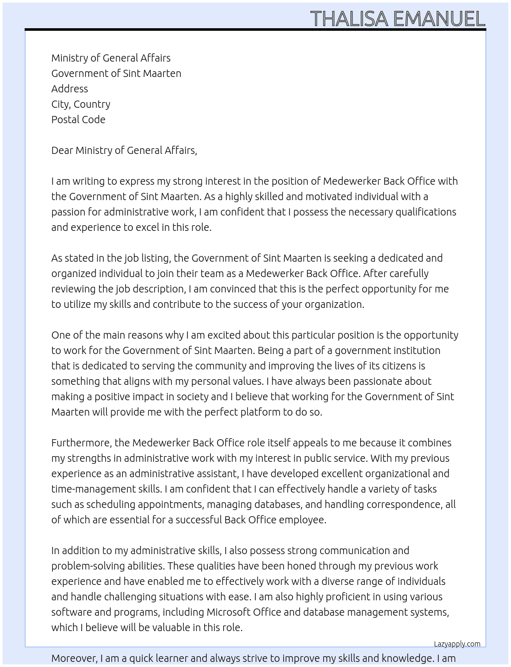 Medewerker Back Office At Government of Sint Maarten Cover Letter