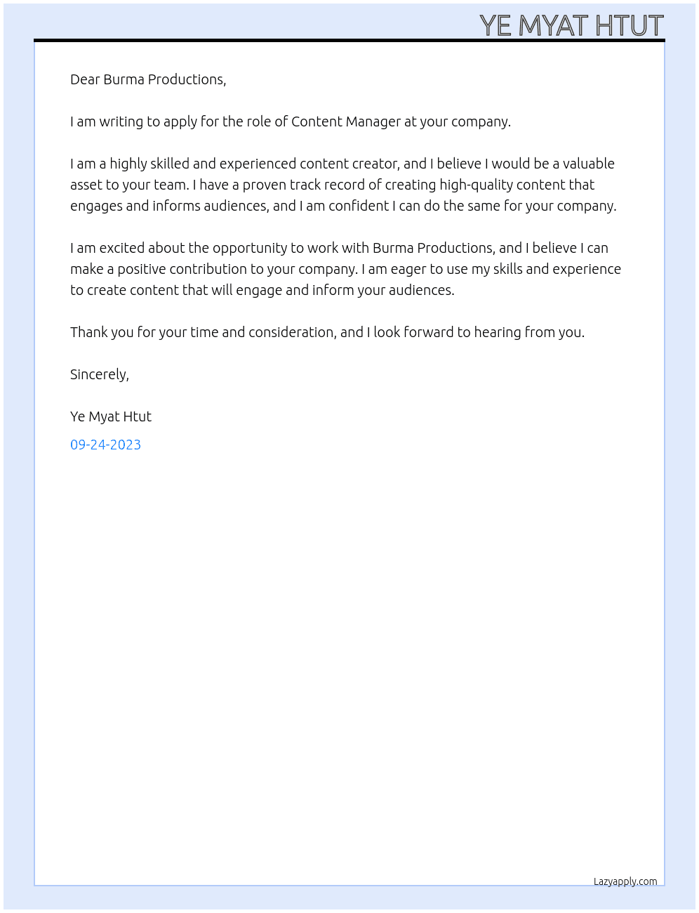 Content Manager  At Burma Productions Cover Letter