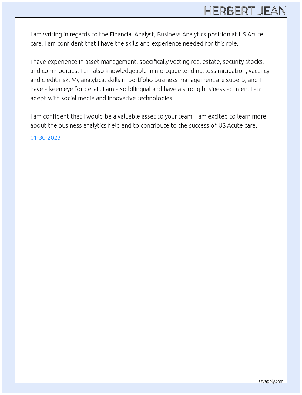 Financial Analyst, Business Analytics At US Acute care Cover Letter