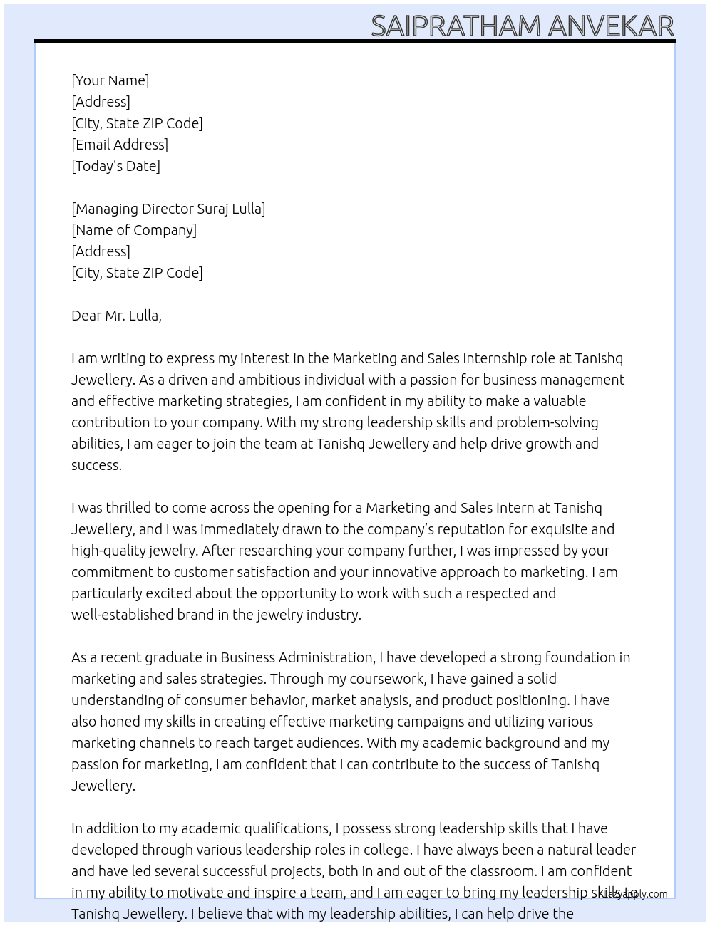 Marketing and sales  At Tanishq jewellery Cover Letter