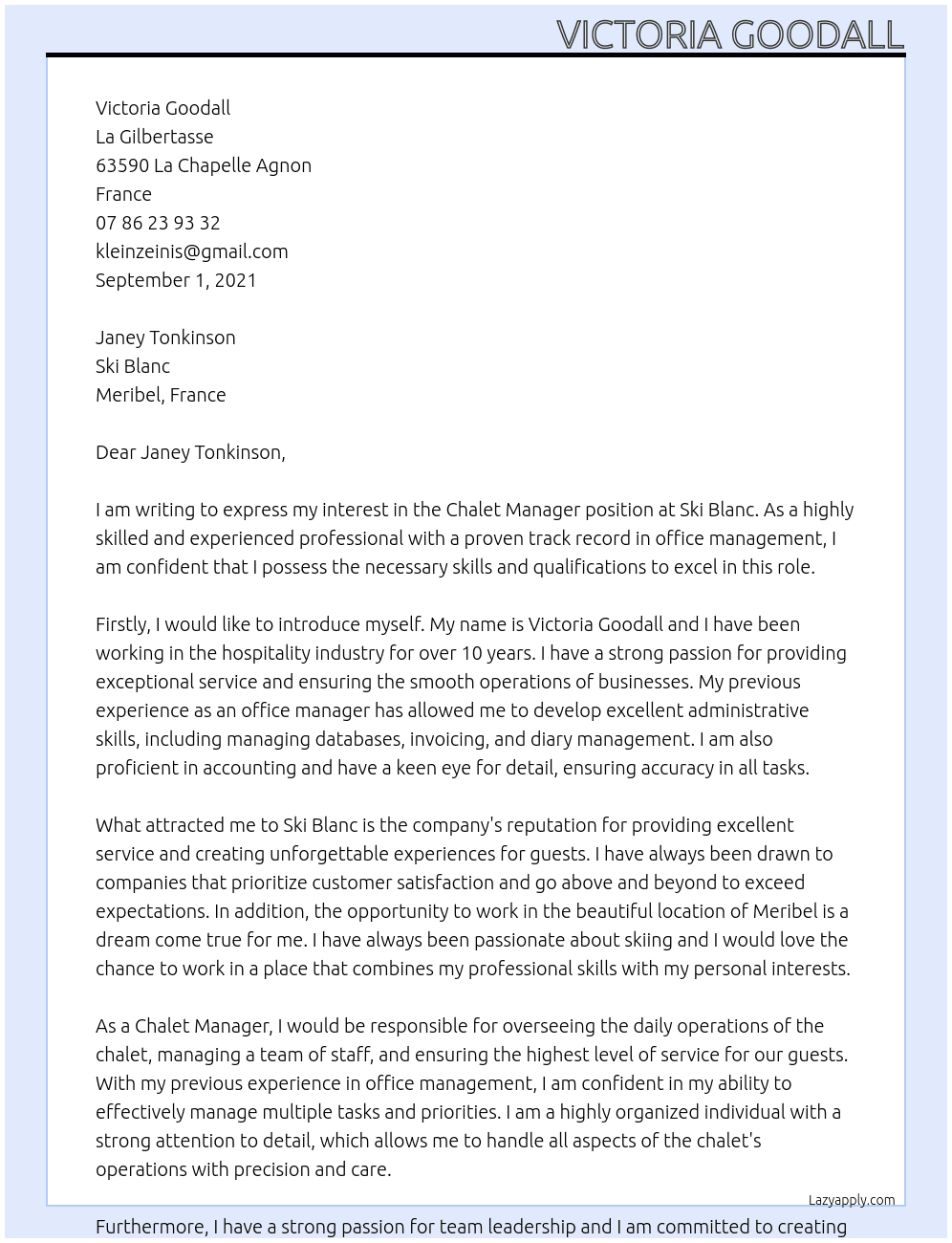 Chalet Manager  At Ski Blanc Cover Letter