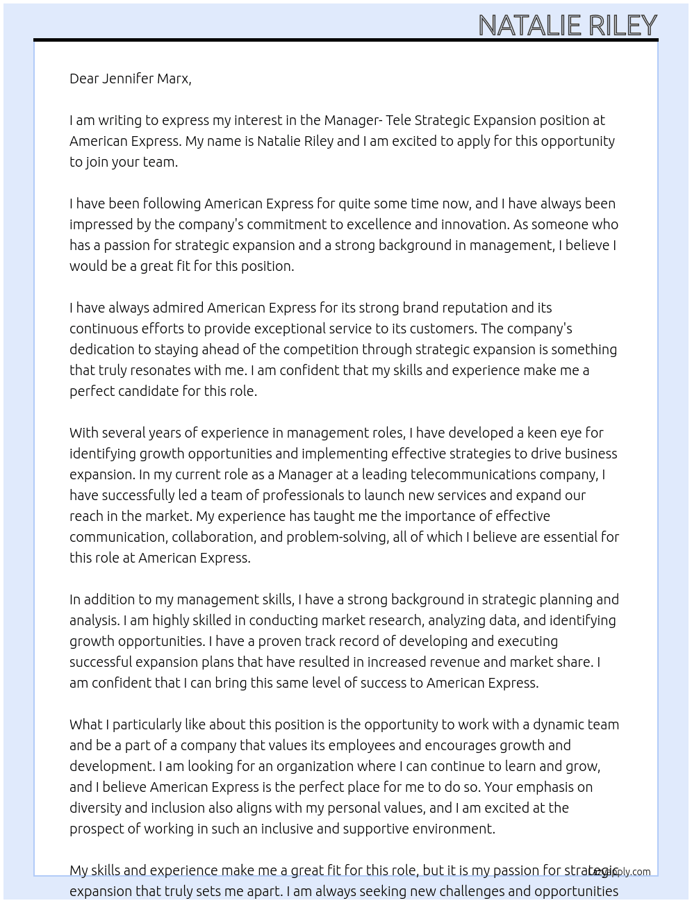 Cover letter for manager - tele strategic expansion - LazyApply