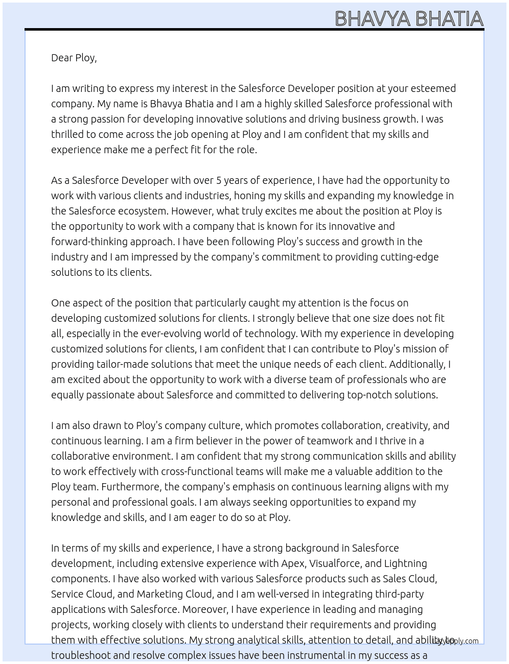 Salesforce Developer At Ploy Cover Letter