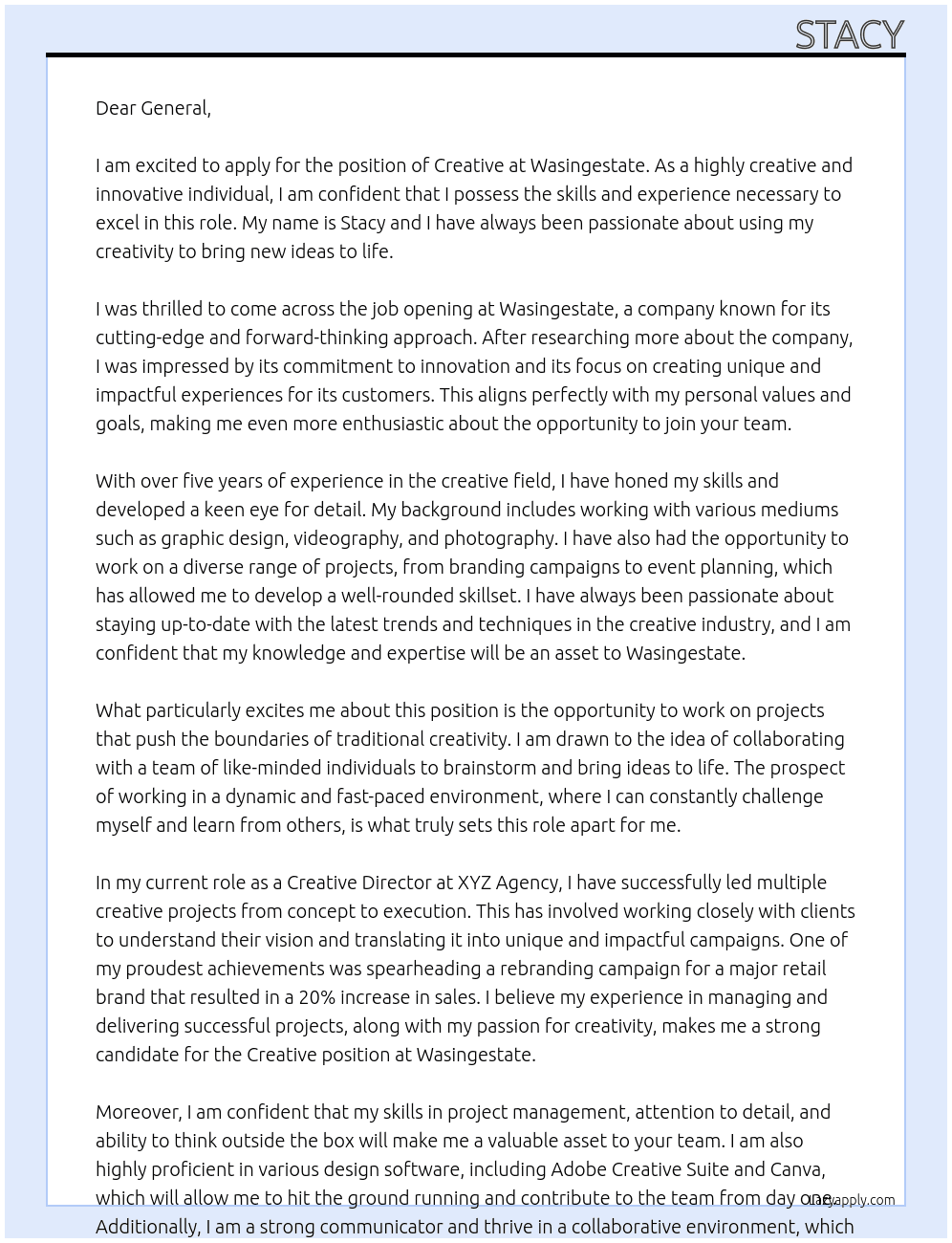 Creative  At Wasingestate Cover Letter