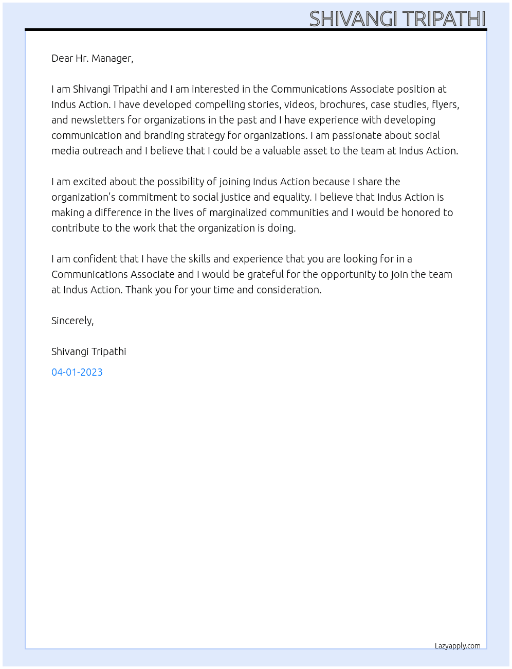 Communications Associate At Indus Action Cover Letter