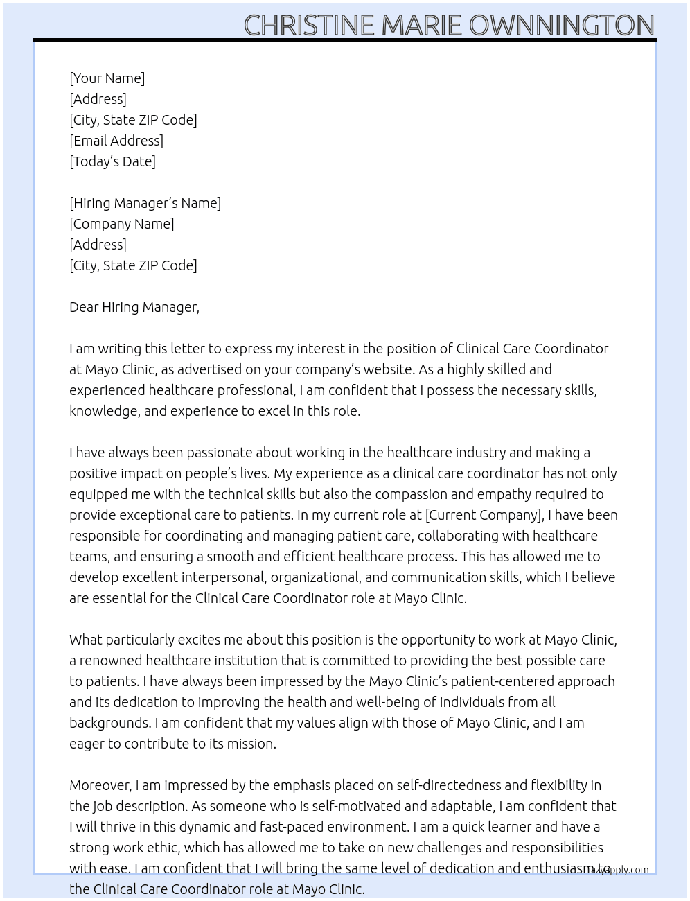 Clinical Care Coordinator  At Mayo Clinic  Cover Letter