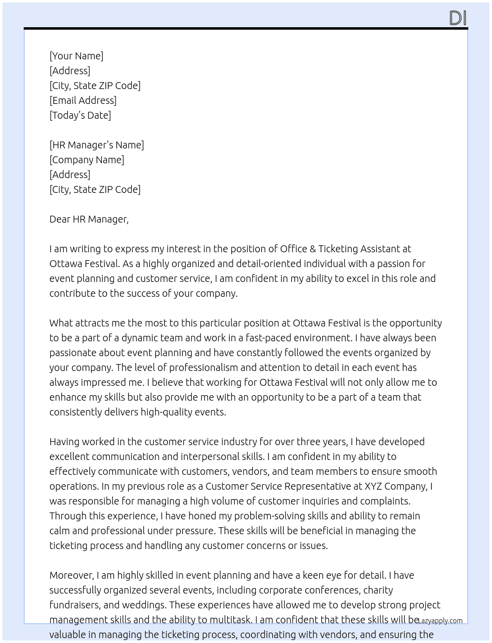 Office & Ticketing Assistant At Ottawa Festival Cover Letter