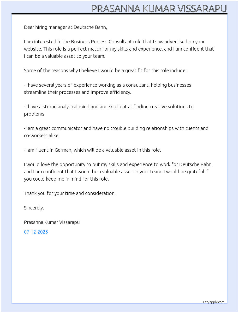 Business Process Consultant At Deutsche Bahn Cover Letter
