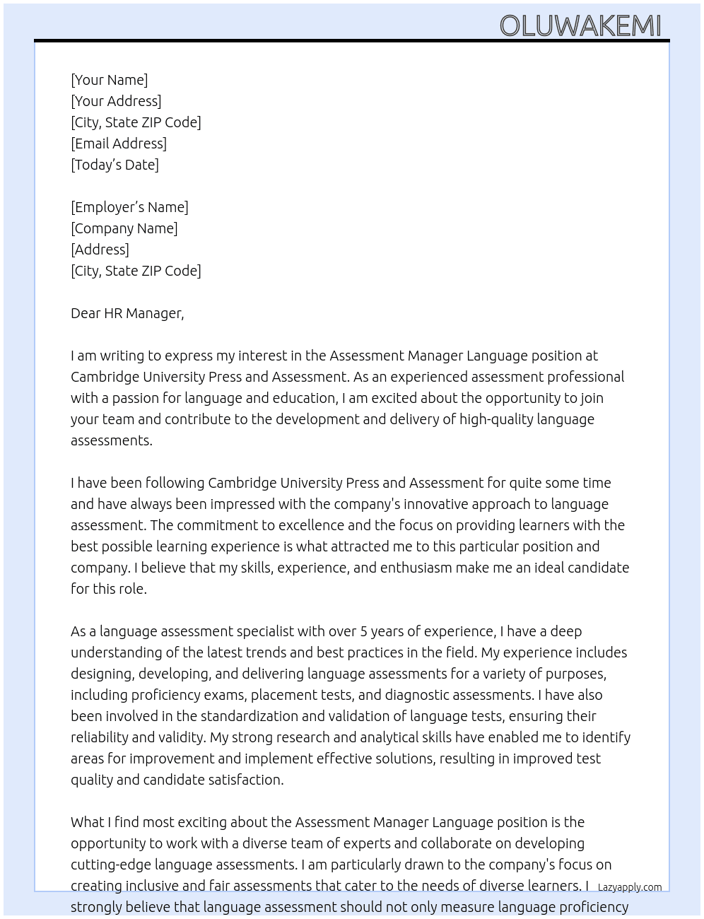 Assessment manager language  At Cambridge University press and Assessment  Cover Letter