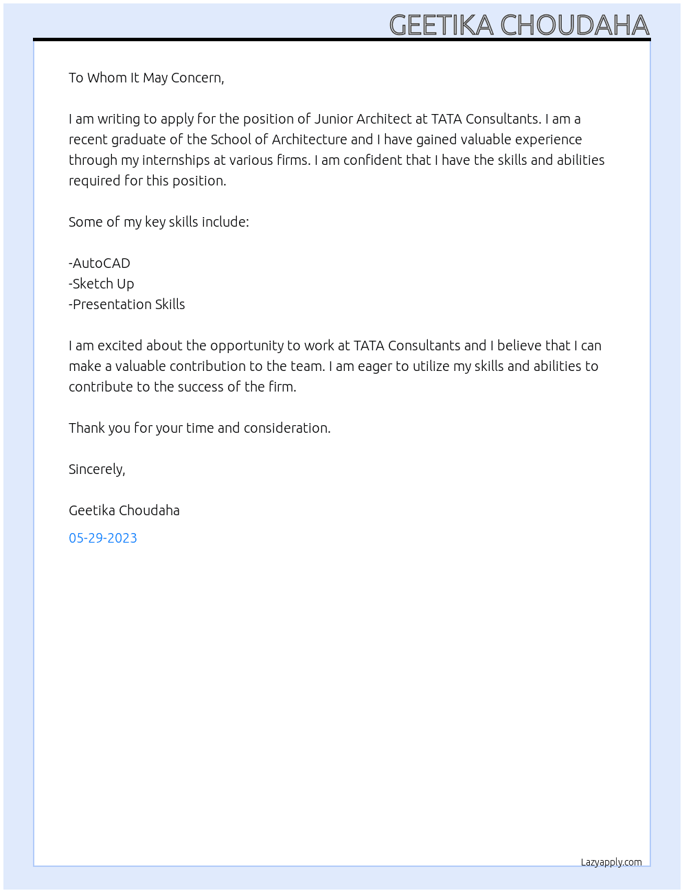 Junior Architect At TATA CONSULTANTS Cover Letter