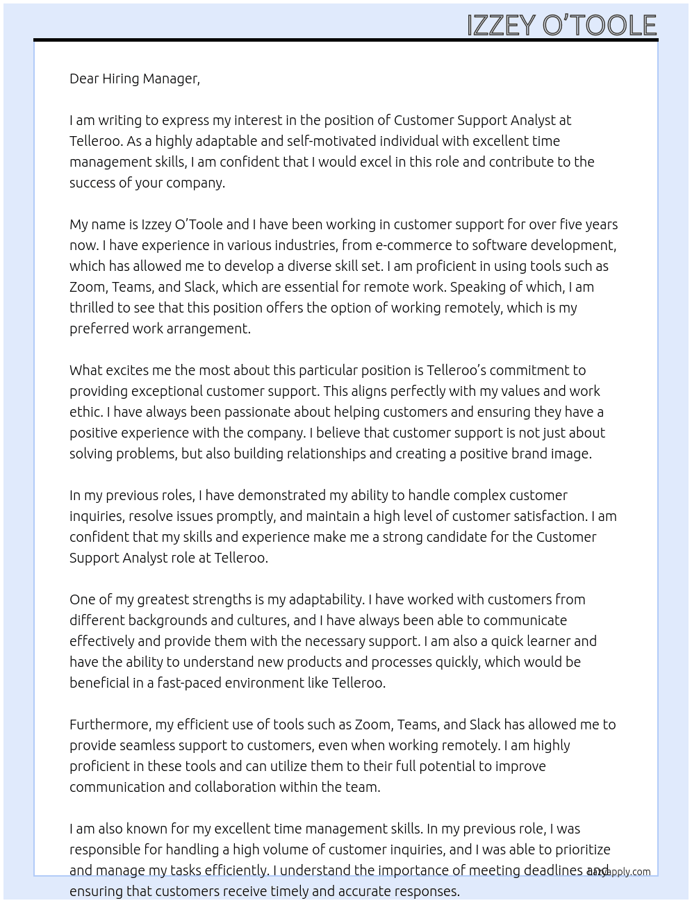 Customer Support Analyst  At Telleroo  Cover Letter
