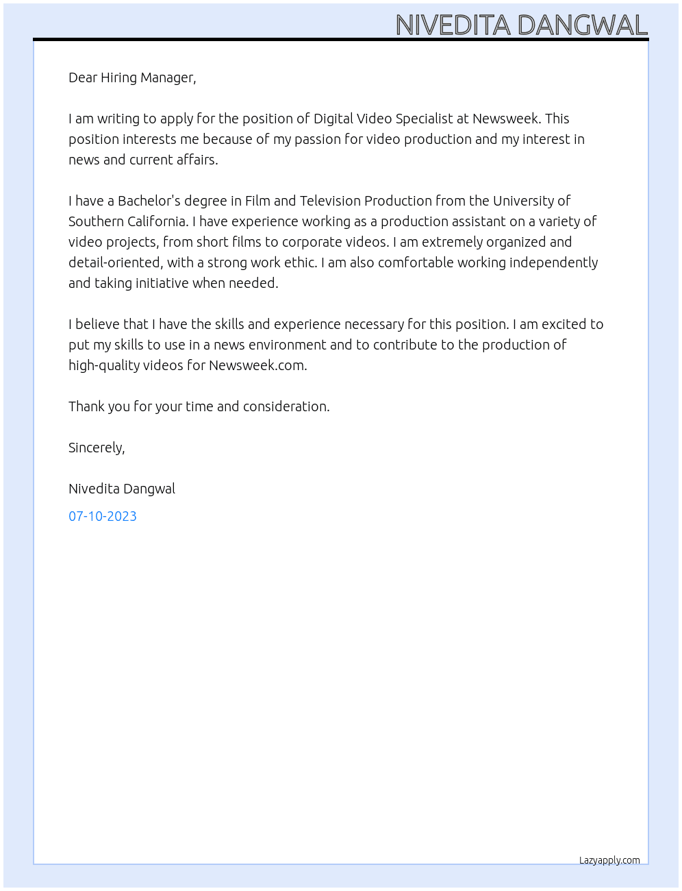 Digital Video Specialist At Newsweek Cover Letter
