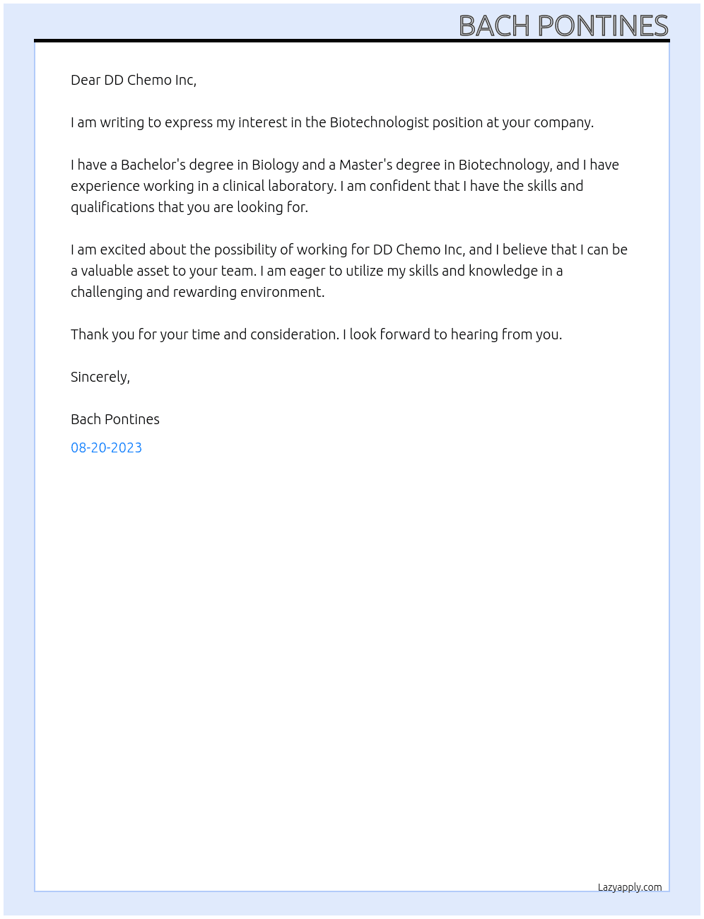 Biotechnologist At DD Chemo Inc Cover Letter