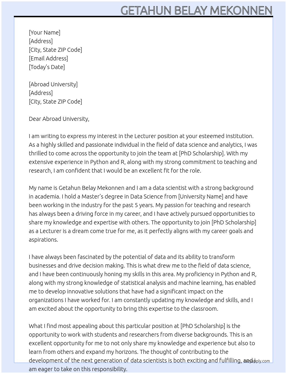 Lecturer At PhD Scholarship Cover Letter