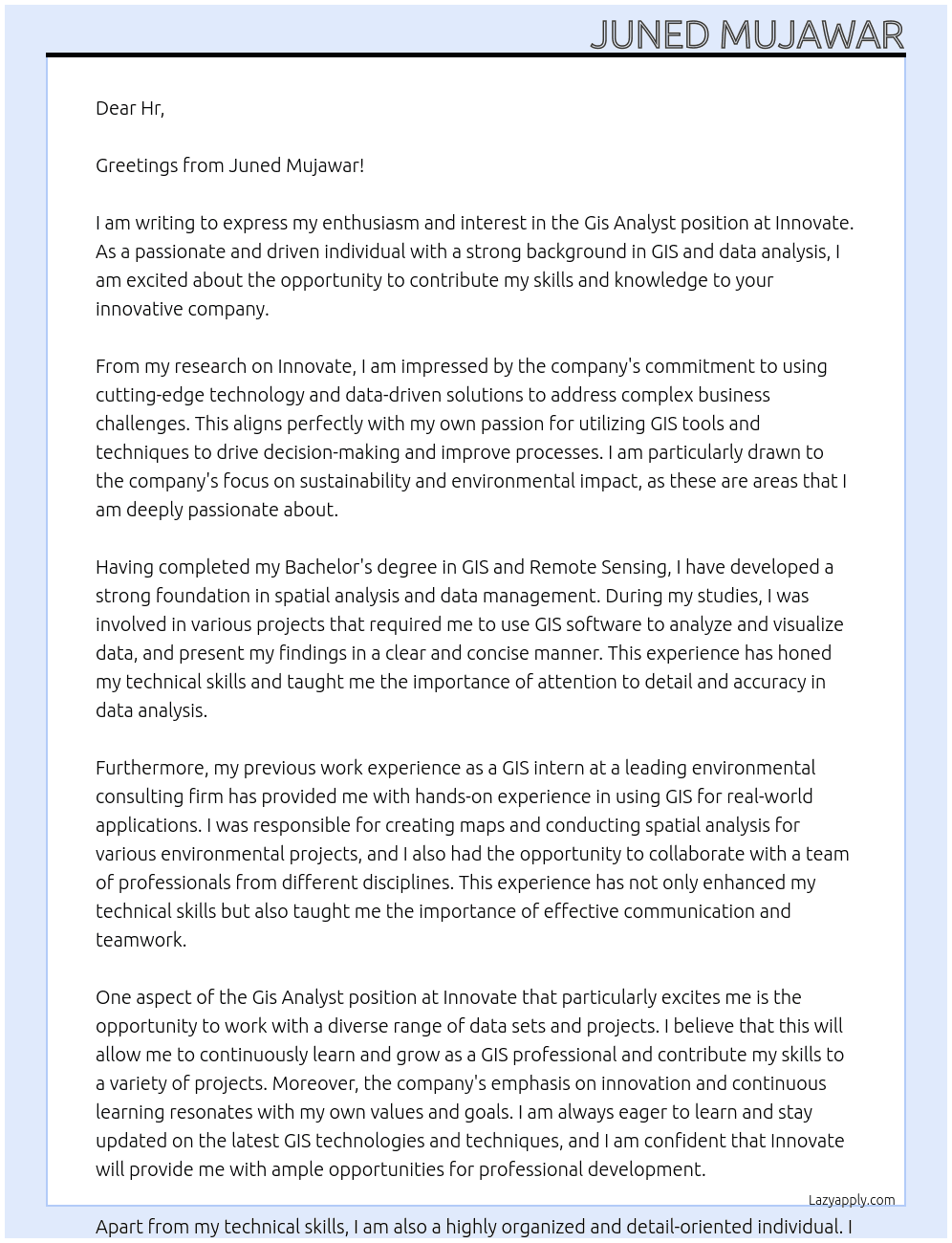 Gis analyst  At Innovate Cover Letter