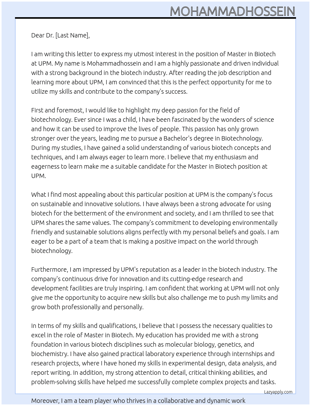 Master in biotech At UPM Cover Letter