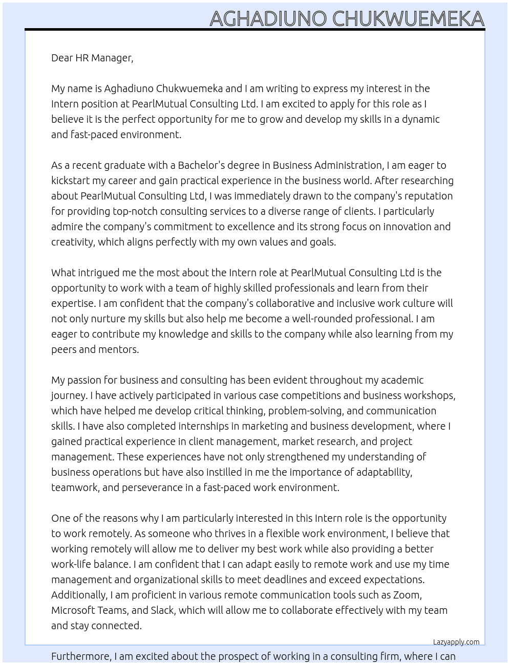 Intern At PearlMutual consulting Ltd  Cover Letter