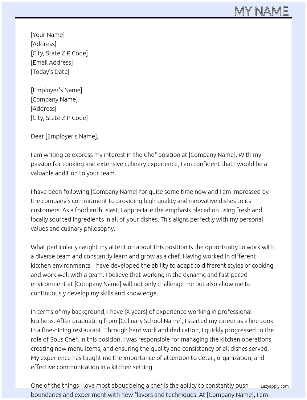 chef At company Cover Letter