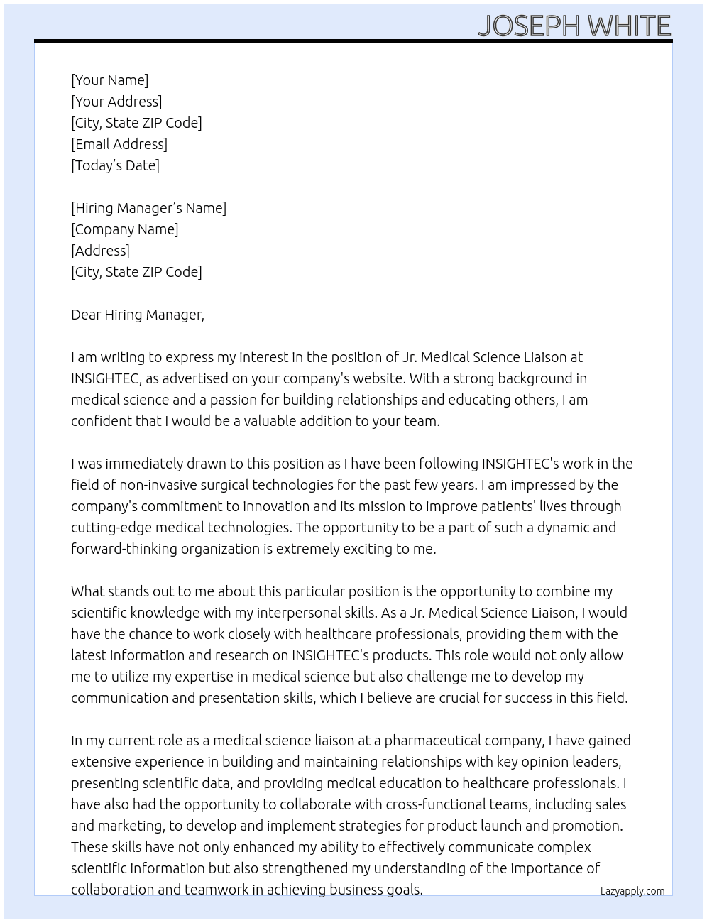 Jr. Medical Science Liaison At INSIGHTEC Cover Letter