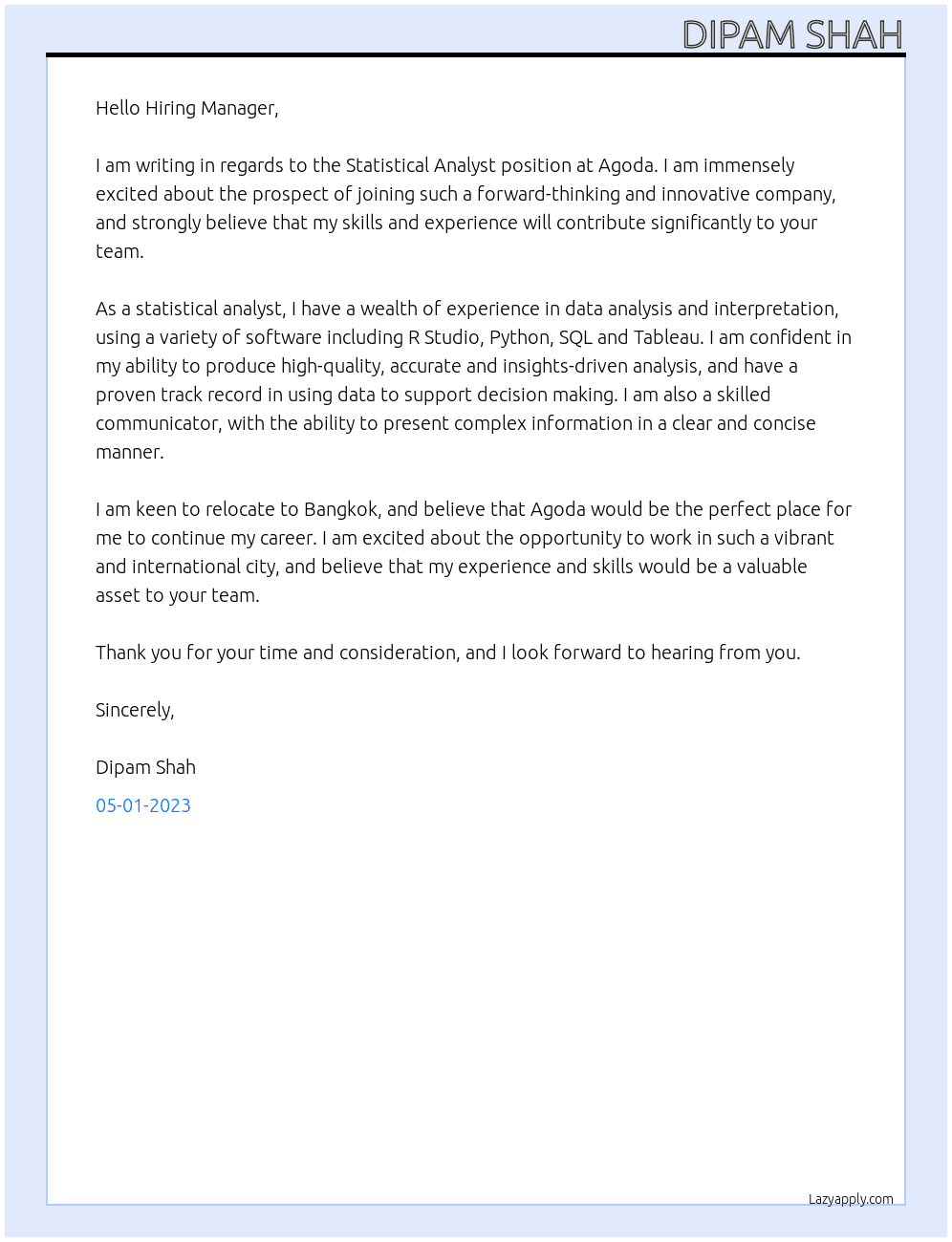 Statistical Analyst At Agoda Cover Letter