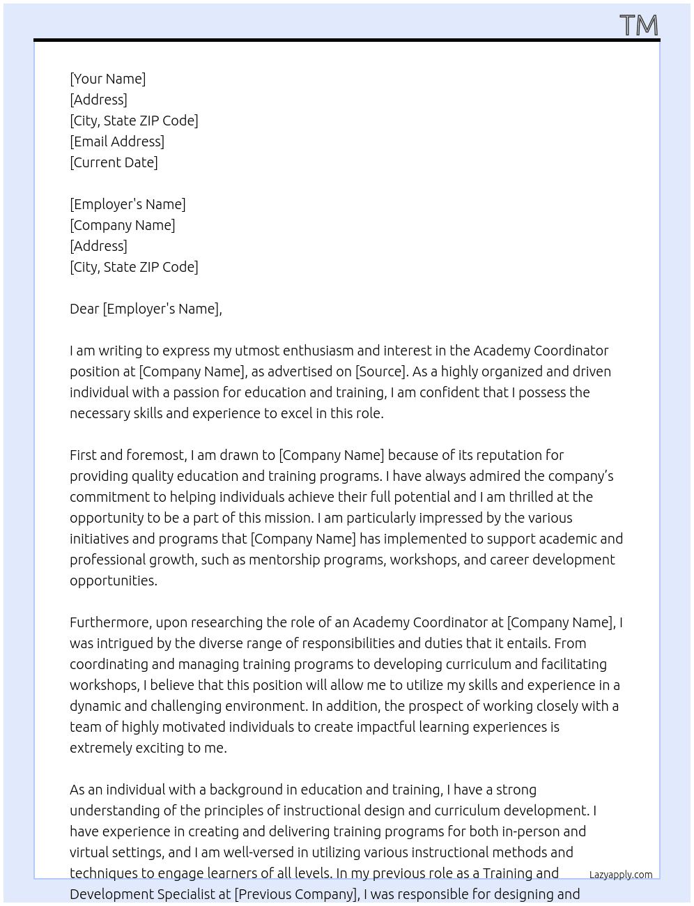 Academy Coordinator At de Cover Letter