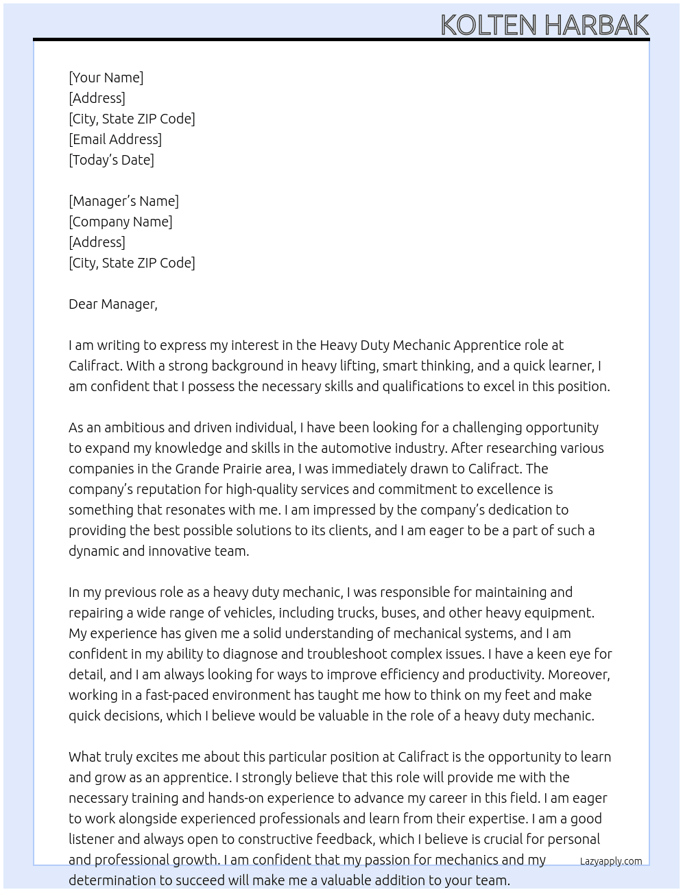 Cover letter for heavy duty mechanic - LazyApply