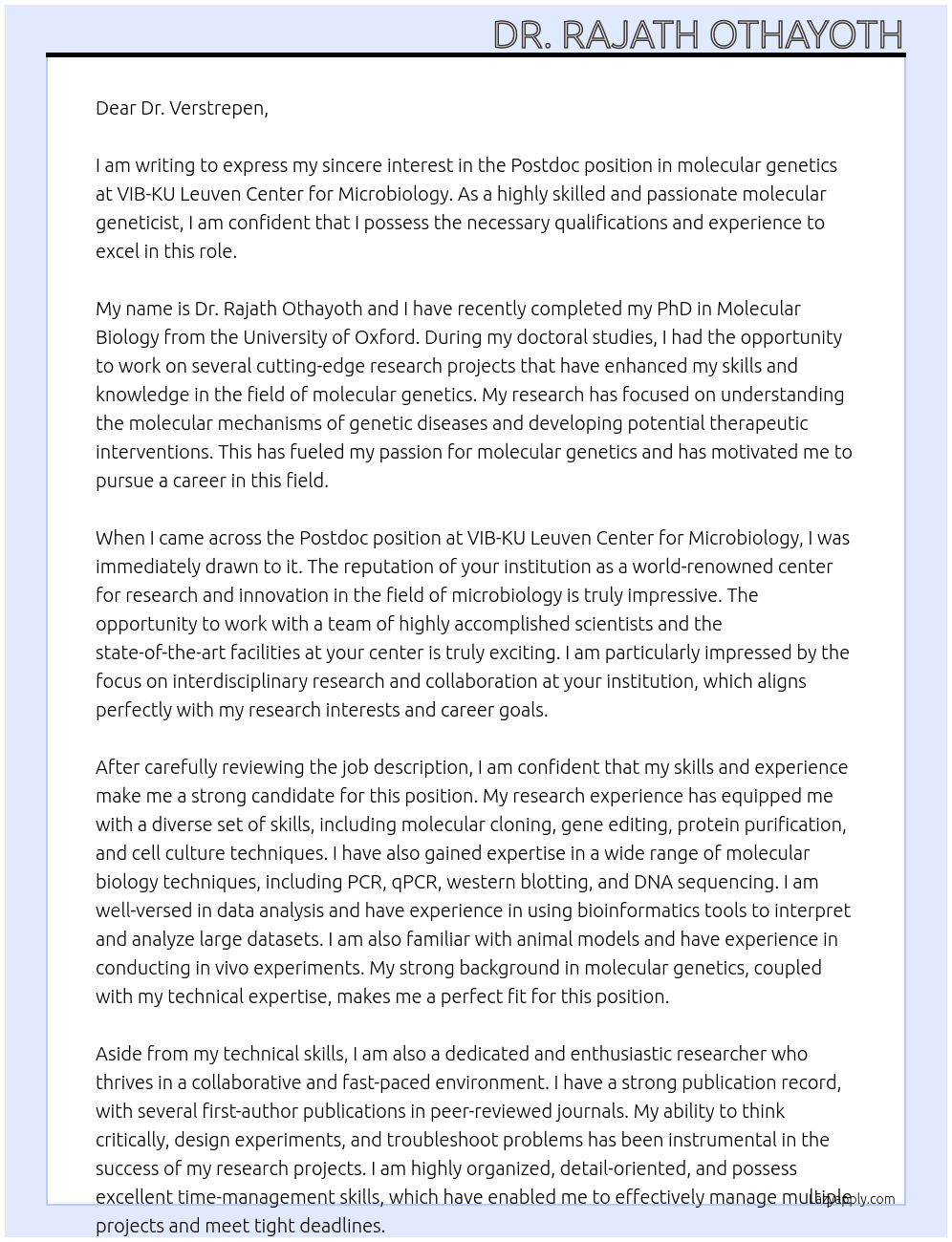 Postdoc position in molecular genetics At VIB-KU Leuven Center for Microbiology Cover Letter