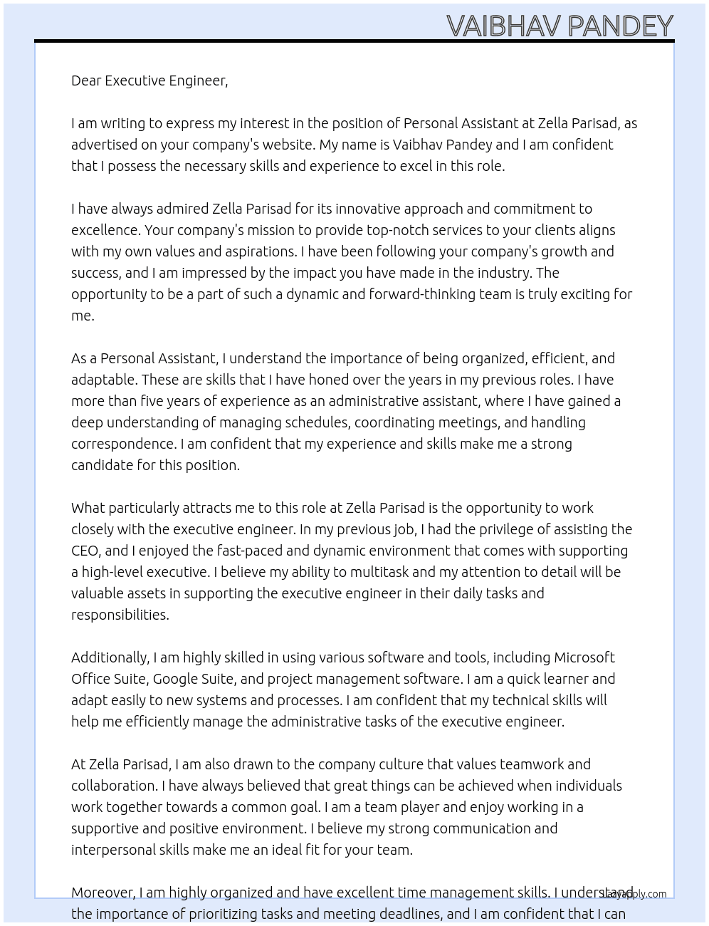 Personal Assistant At Zella Parisad Cover Letter