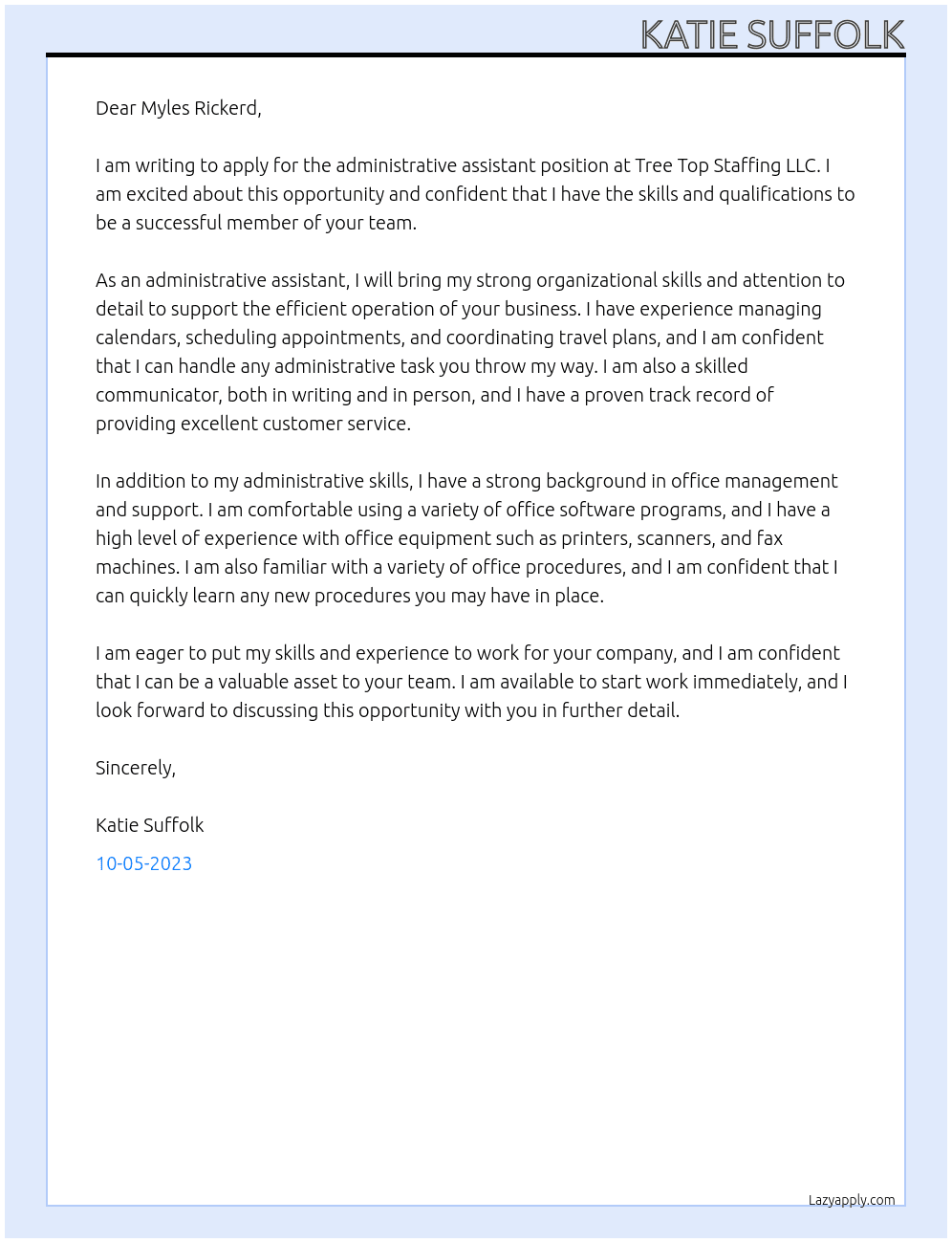 Administrative Assistant At Tree Top Staffing LLC Cover Letter