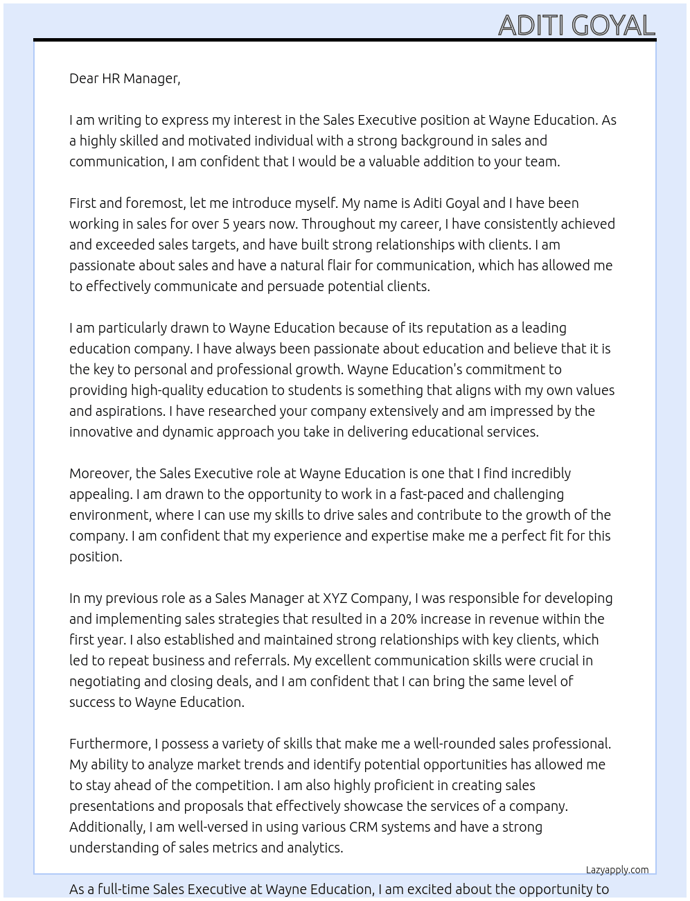 Sales executive  At Wayne education  Cover Letter