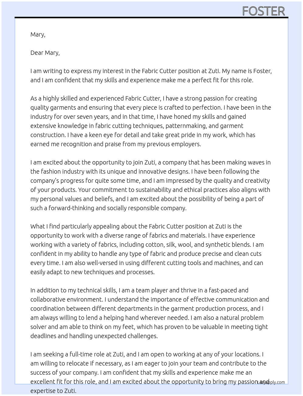 Fabric Cutter  At zuti Cover Letter