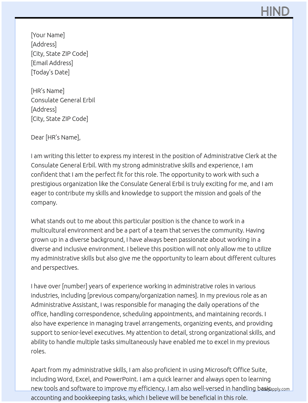 Administrative Clerk - Consulate General Erbil At  Consulate General Erbil Cover Letter