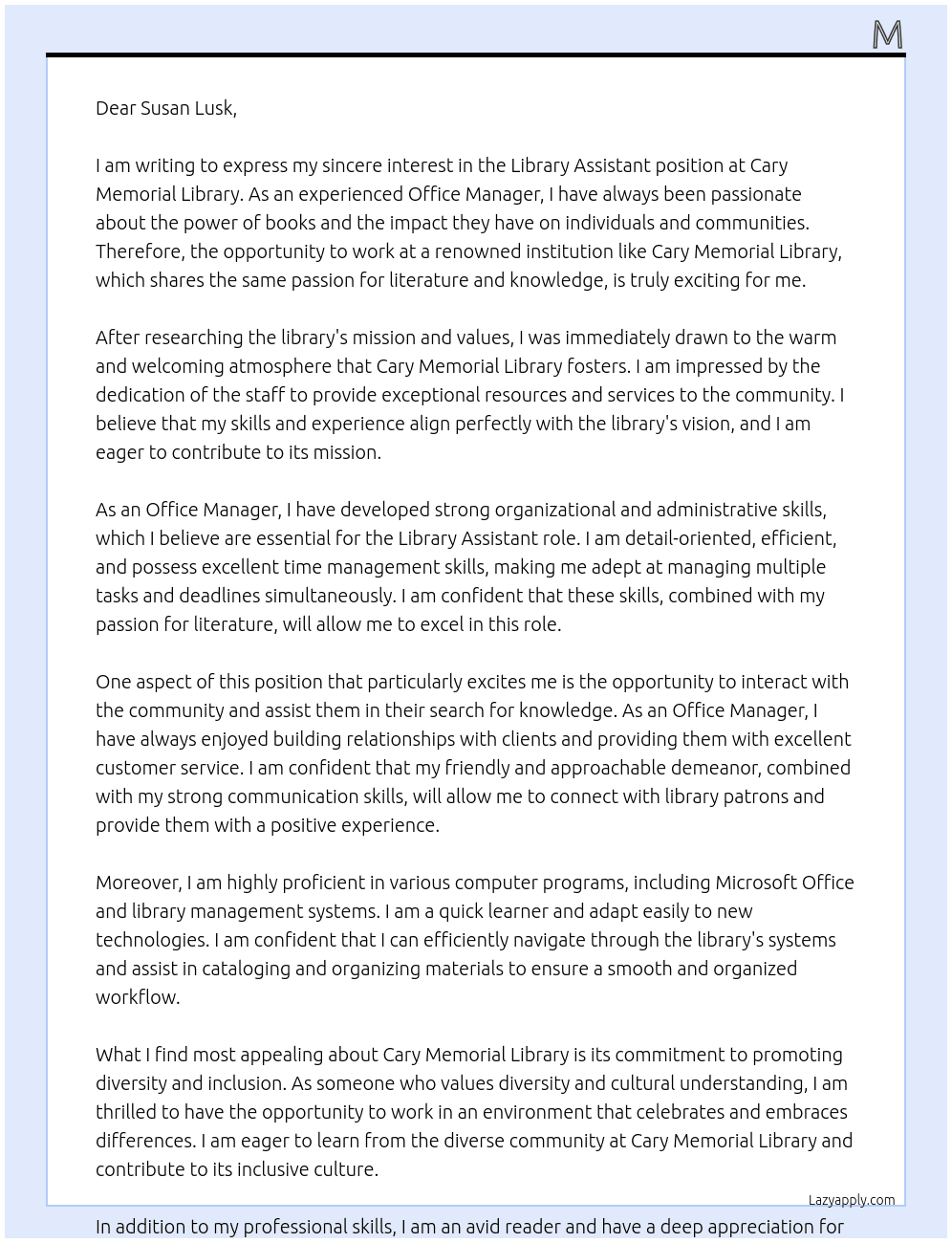 library assistant At cary memorial library Cover Letter