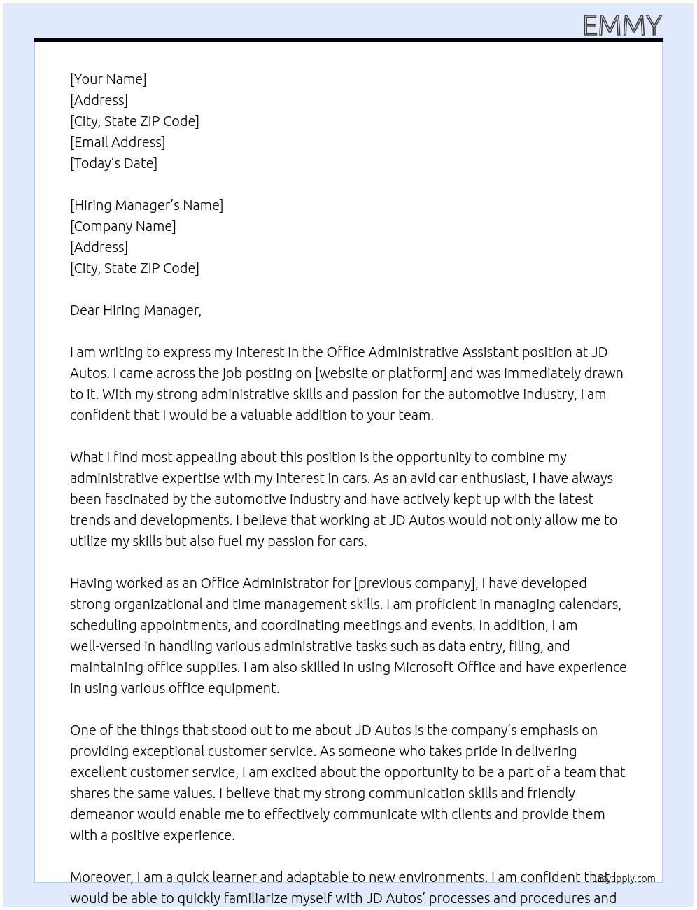 Office administrative assistant At JD Autos Cover Letter